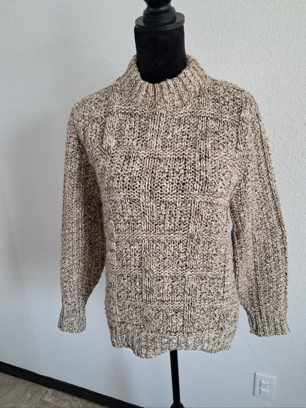 Vintage 90's Thane Chunky Knit Basketweave Sweater Wool Blend Beige Women's Sm